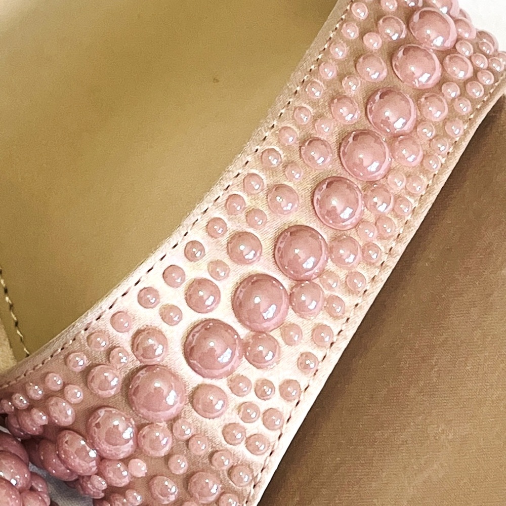 Copper Key Pink Faux Pearl Embellished Ankle Strap Coquette Wedge Sandals Size 8 - Picture 3 of 10